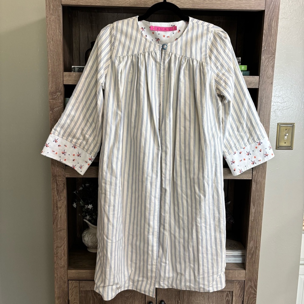 {BURU x Brooklyn} Reversible Car Coat, Blue Ticking and Floral, Size M